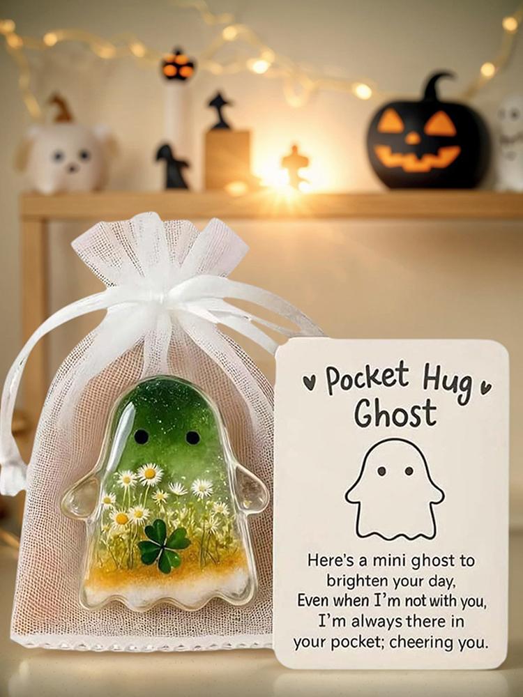 Pockets Hug Ghost Miniature Figurine with Motivational Card Figure Sculpture for Halloween Christmas Loved Ones and Friends