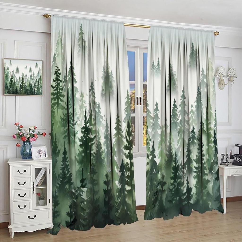 Green Forest Curtains Green Watercolor Forest Tree Silhouette Nature Landscape Printed Living Room Bedroom Window Drapes 42x63in