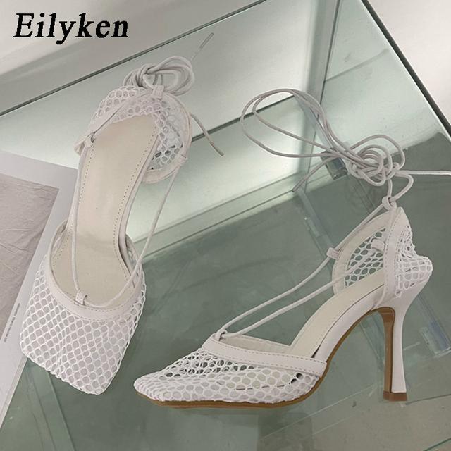 Eilyken New Sexy Mesh Women Pumps Sandals Female Square Toe High Heel Lace Up Cross-tied Stiletto Hollow Dress Shoes Size