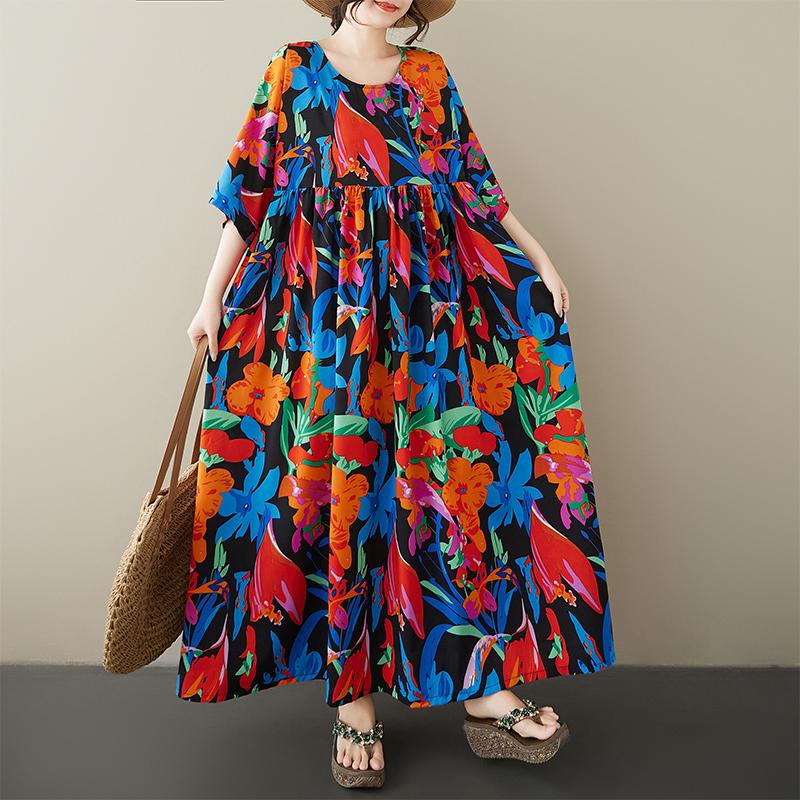 Dimanaf Плюс размер Новое 2025 женское летнее платье с коротким рукавом Базовое повседневное свободное винтажное пляжное длинное платье с цветочным принтом