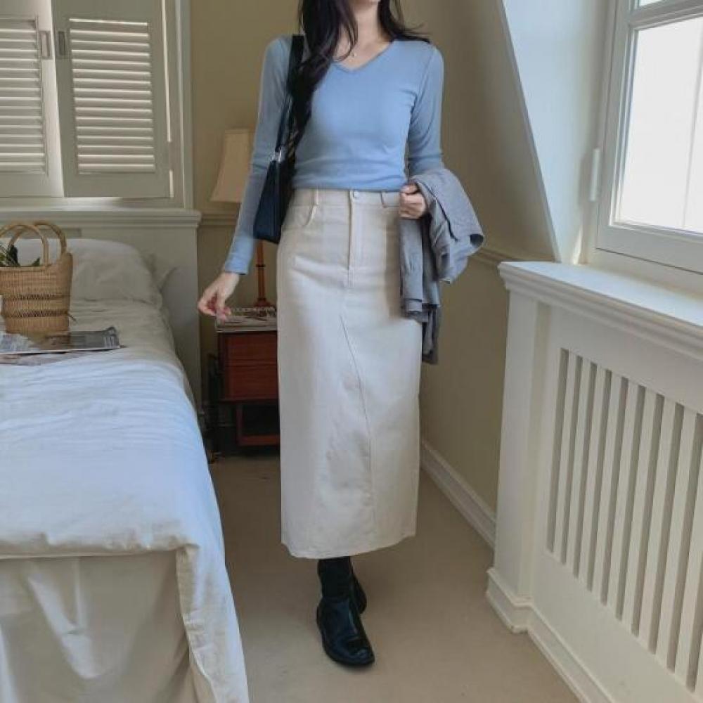 New Arrivals Open Run Half Banding Slim Fit Blue Back Slit Long Skirt