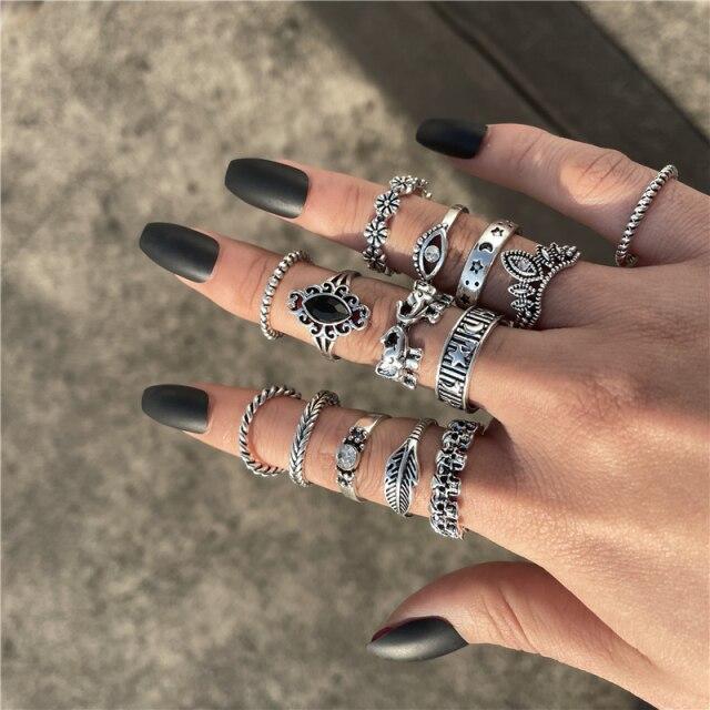 17KM Retro Hiphop Snake Skeleton Skull Rings Set For Men Women Punk Silver Plated Butterfly Chain Rings 2022 Trend Jewelry Gifts