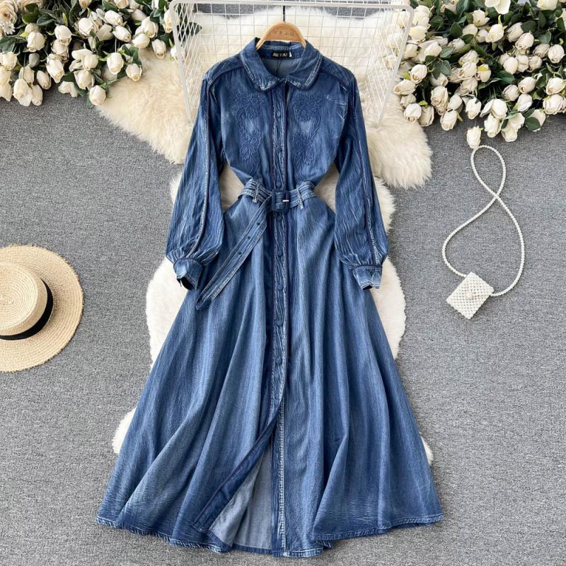 RUGOD Джинсовое платье женское весеннее новое корейское платье с воротником в стиле ретро с талией длинное платье темпераментное платье средней длины