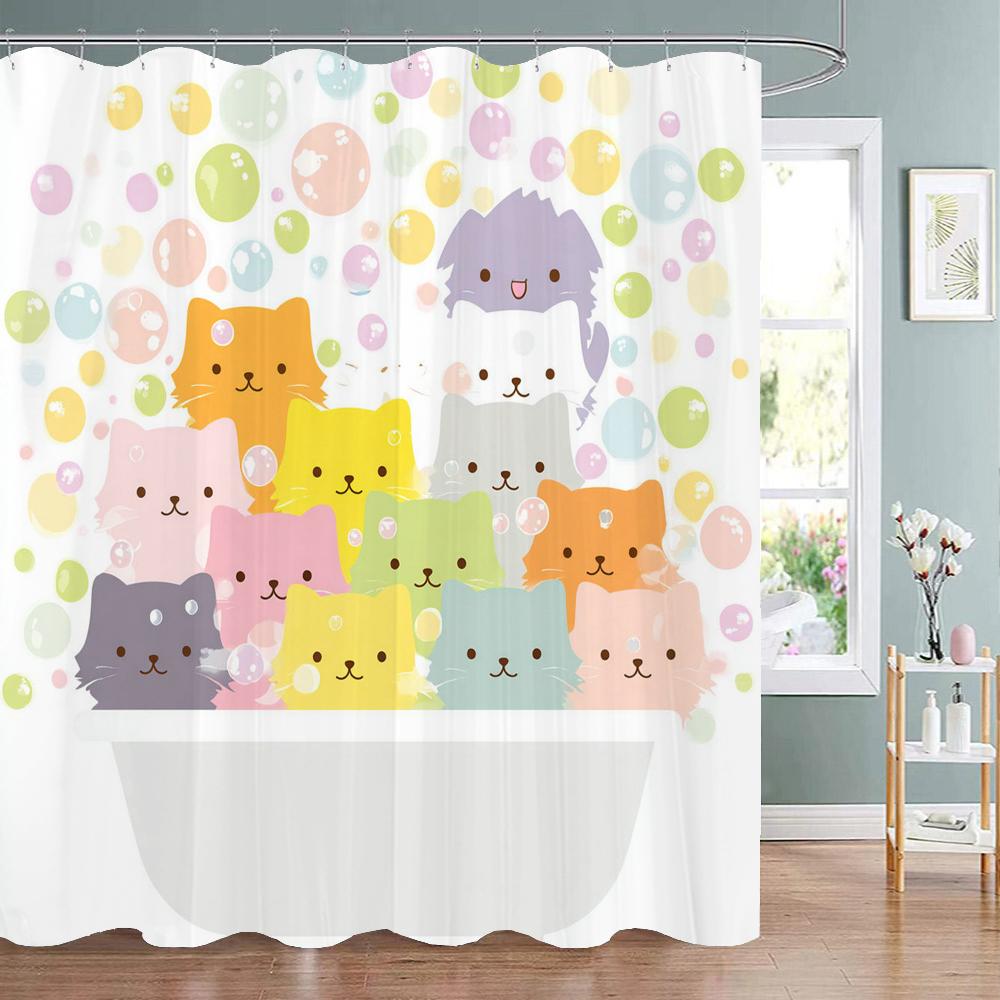 Cute Bathing Cats Art Cartoon Shower Curtain, Bathroom Decorative Shower Curtain, Waterproof Shower Curtain With Hooks