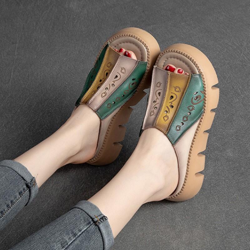 Genuine Leather Thick Soles Sandals Women Retro Wedges Slides Comfortable Outdoor Platform Slippers