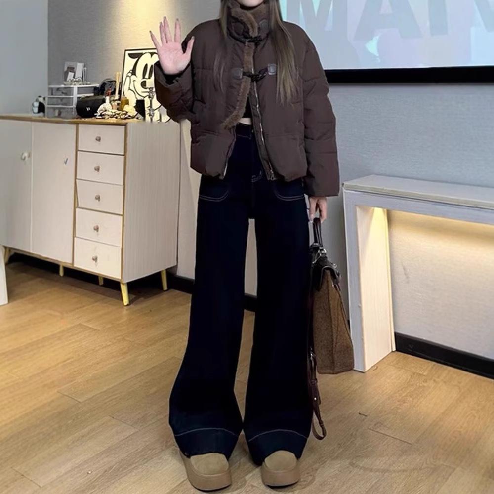 Джинсы большого размера с широкими штанинами для женщин на осень и зиму, черные эластичные, свободные, утягивающие, прямые брюки в пол