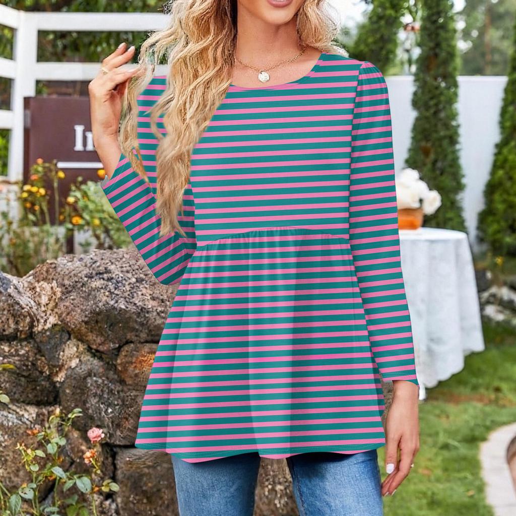 Women's Casual Fashion Long Sleeve Shirt Striped Tunic Top