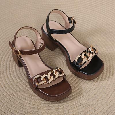 Низкие Сандалии Женские Кожаные Туфли на Высоком Каблуке 2024 Лето Открытый Носок Ремешок с Пряжкой Костюм Женский Бежевый Низкий Каблук Ретро Высокий Каблук Новые