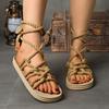 Summer Women's Flat Sandals Ankle Strap Hemp Rope Low Heel Retro Roman Sandals Leisure Beach Vacation Open Toe Women's Shoes