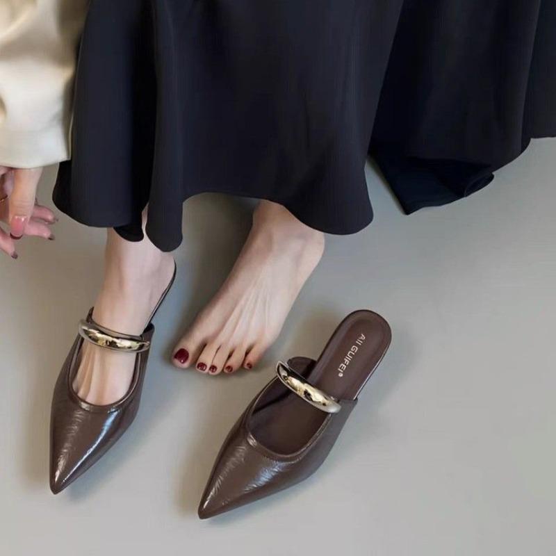 Baotou Slope Slippers Spring New Pointed Head Shallow Mouth Metal Buckle Soft Sole Anti-slip Wear-resistant Sandals