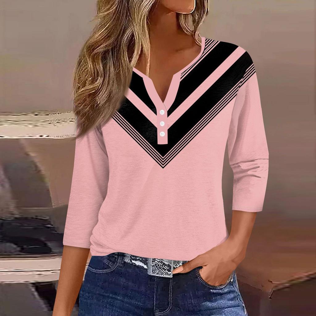 Жен. Футболка Футболка С принтом Пуговицы Рукав 3/4 Повседневные Выходные Мода Классический Классический V-образный вырез Обычный Верх