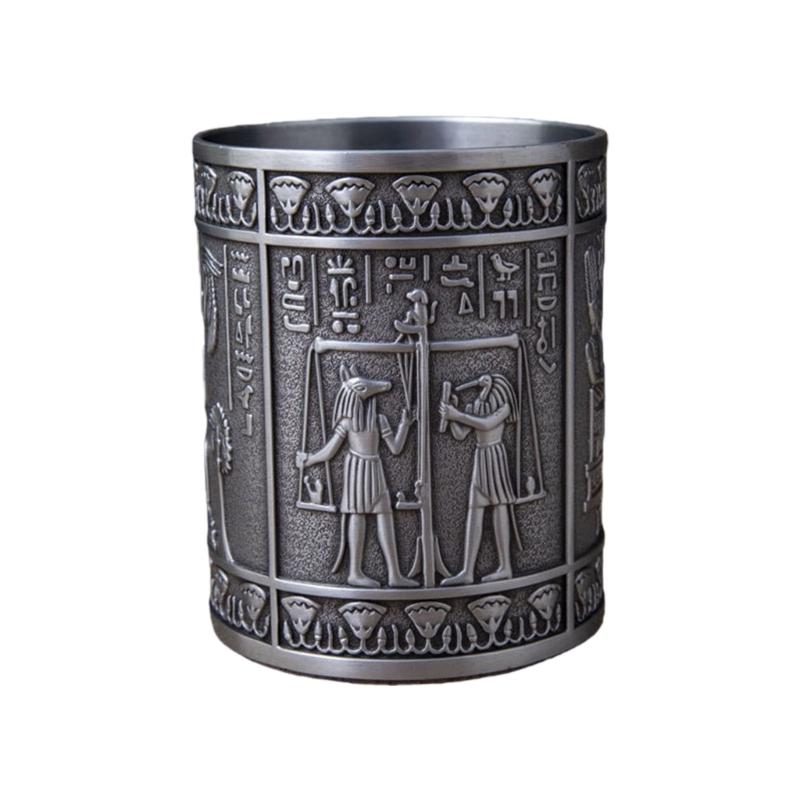 Retro Egyptian Embossed Pen Stand Cylinder Shape Alloy Pen Cup Desktop Organiser Storage Box for Office Desk Decoration
