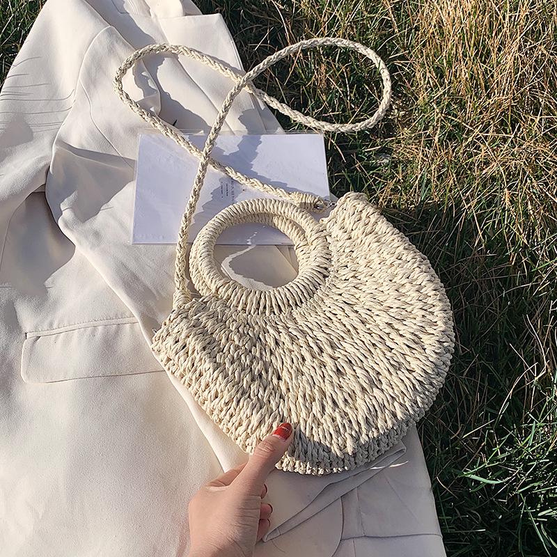 Yogodlns Соломенная сумка женская сумка ручной работы в форме луны с кружевным бантом, сумка из ротанга, большая вместительная повседневная пляжная сумка через плечо на шнурке