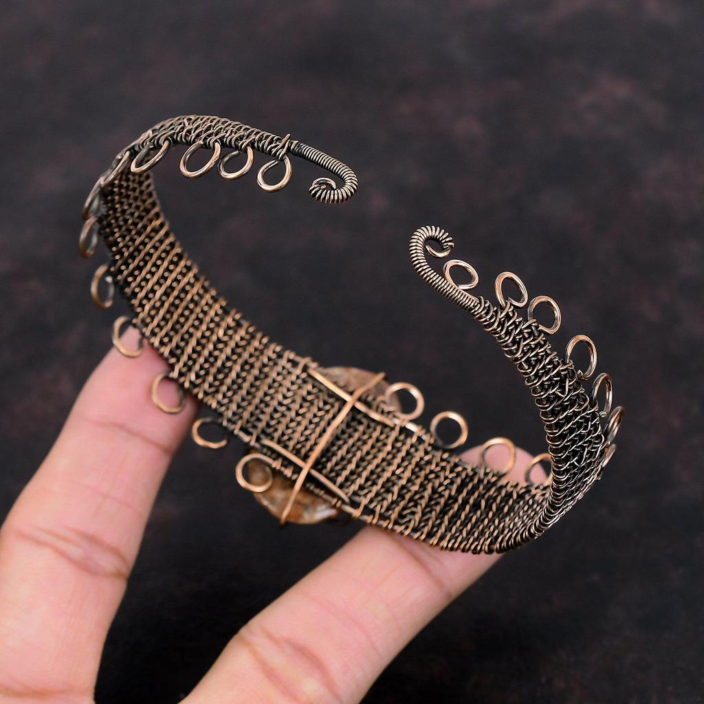 Браслет из солнечного камня, медная проволока, браслет-манжета, регулируемый браслет, ювелирные изделия из солнечного камня, драгоценные камни, манжеты ручной работы, медные украшения, подарок на годовщину