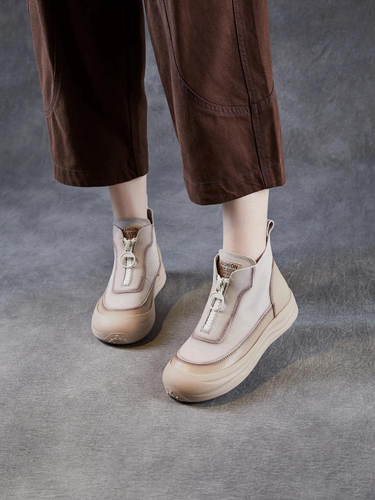 Johnature Ботильоны из натуральной кожи в ретро-стиле на толстой подошве с передней молнией, повседневная обувь на плоской платформе