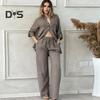 2 Pcs/Set Fall Spring Women Shirt Pants Set Long Sleeves Stand Collar Button-down Blouse Elastic Waist Trousers OL Commuting Sport Pantsuit Outfit