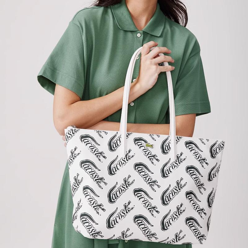 Lacoste Fashionable Versatile PVC Tote Bag Shopping Handbag Shoulder Bag Medium Women tote bags Off-White Dark-Green NF4204CX-F89