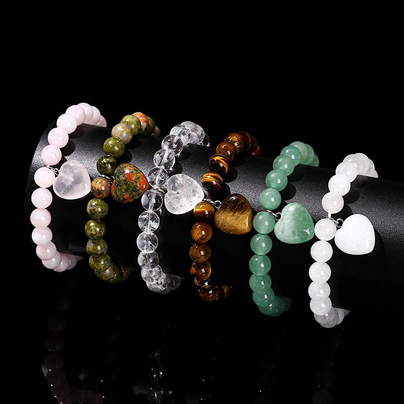 JD Natural Pink Quartz Yellow Tiger Eye Unakite Heart Pendant Beaded Bracelet Women Lovers Elegant Handmade Stretch Healing Gift