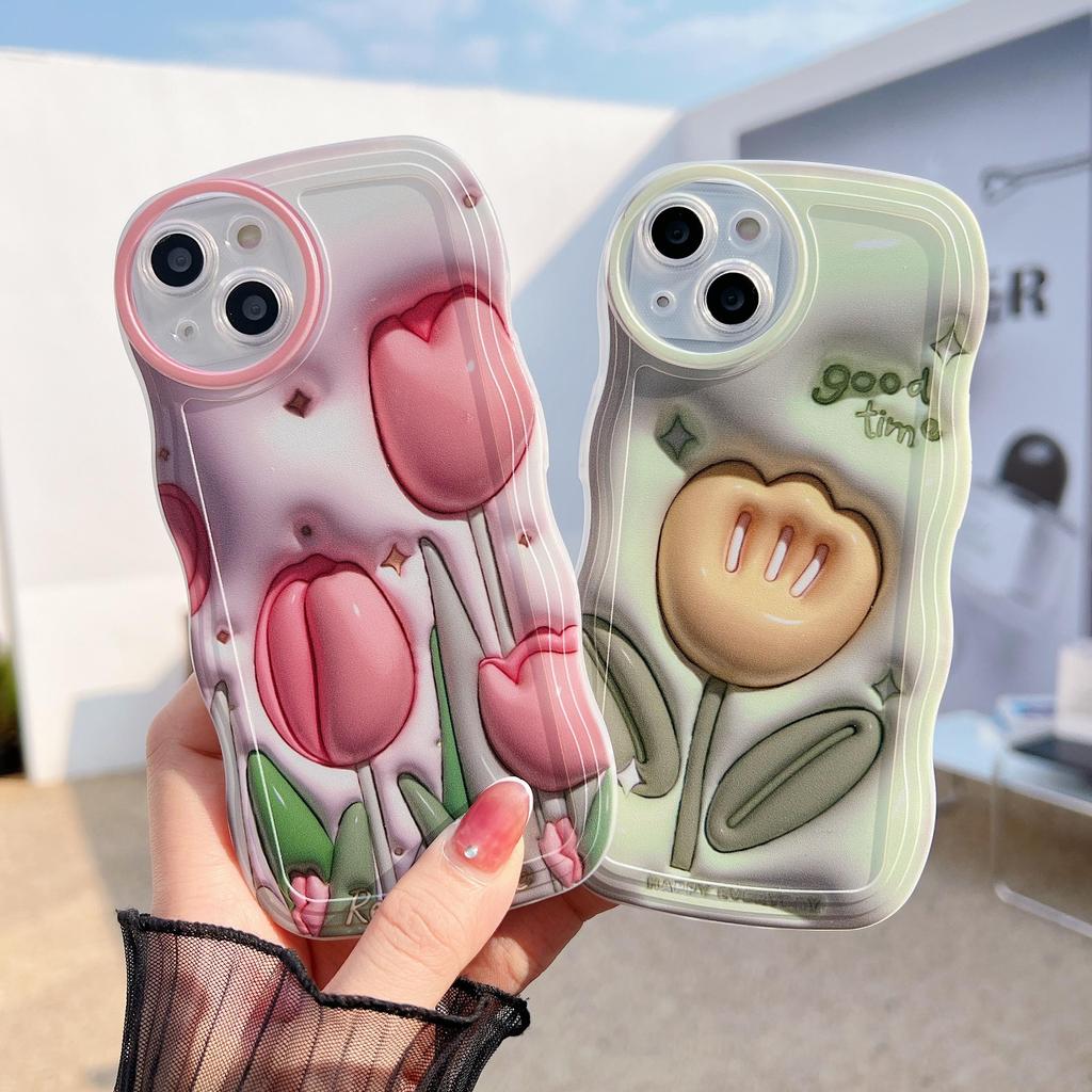 Прозрачный силиконовый чехол с волнистым краем для iPhone 11, 15, 14, 13, Samsung A54, A34, A24, A14, Xiaomi Redmi Note 10, 11, 12, чехол с цветами, тюльпанами, розами