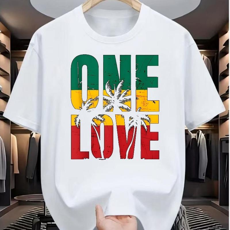 Европейский размер ONE LOVE Кокосовый Бриз Мужская Повседневная Футболка с Цифровым Принтом - , Круглый Вырез, Короткий Рукав, Уличный Хип-Хоп Стиль, Летний Европейский