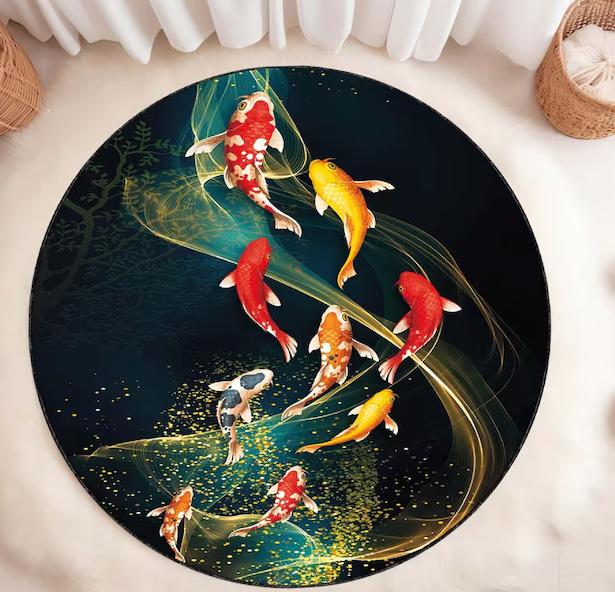 Круглый ковер с изображением рыбок кои дзен, лотоса и ботанического цветочного дизайна, ковер в восточном японском стиле, декор для медитации и гостиной