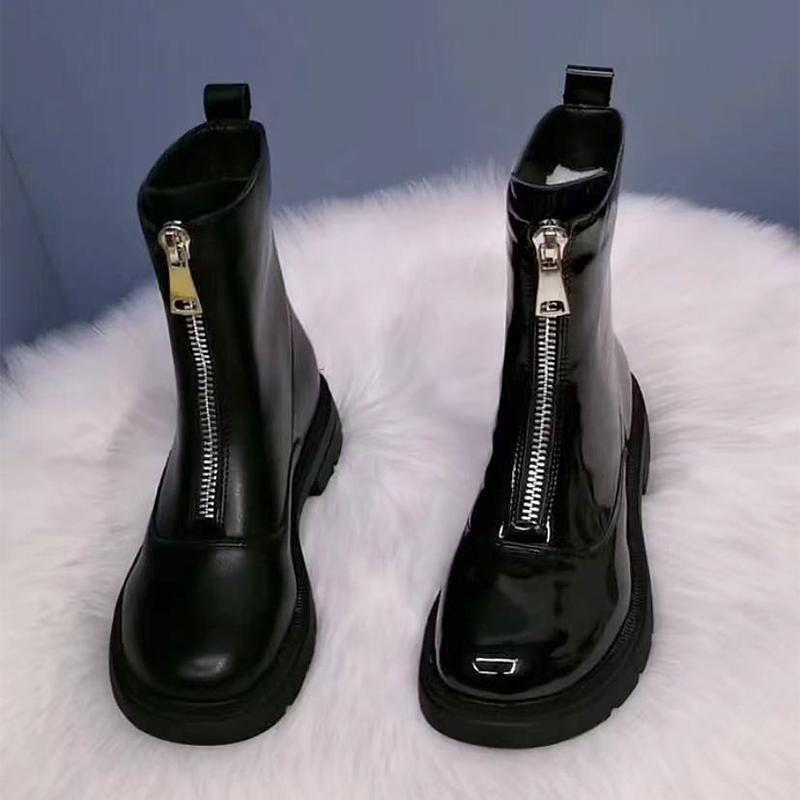 Модные Универсальные Удобные Ботинки на Платформе с Передней Молнией Женские Облегающие Ботинки Осень и Зима Новые Ботинки Мартин Женские