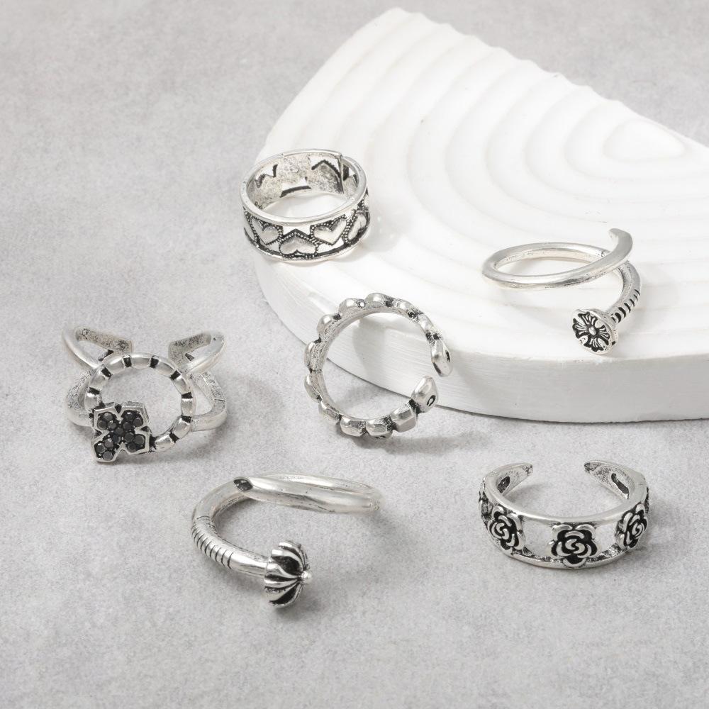 Personalized Combination Ring, Retro Love Nails Flower Opening 6 Pieces Ring Jewelry