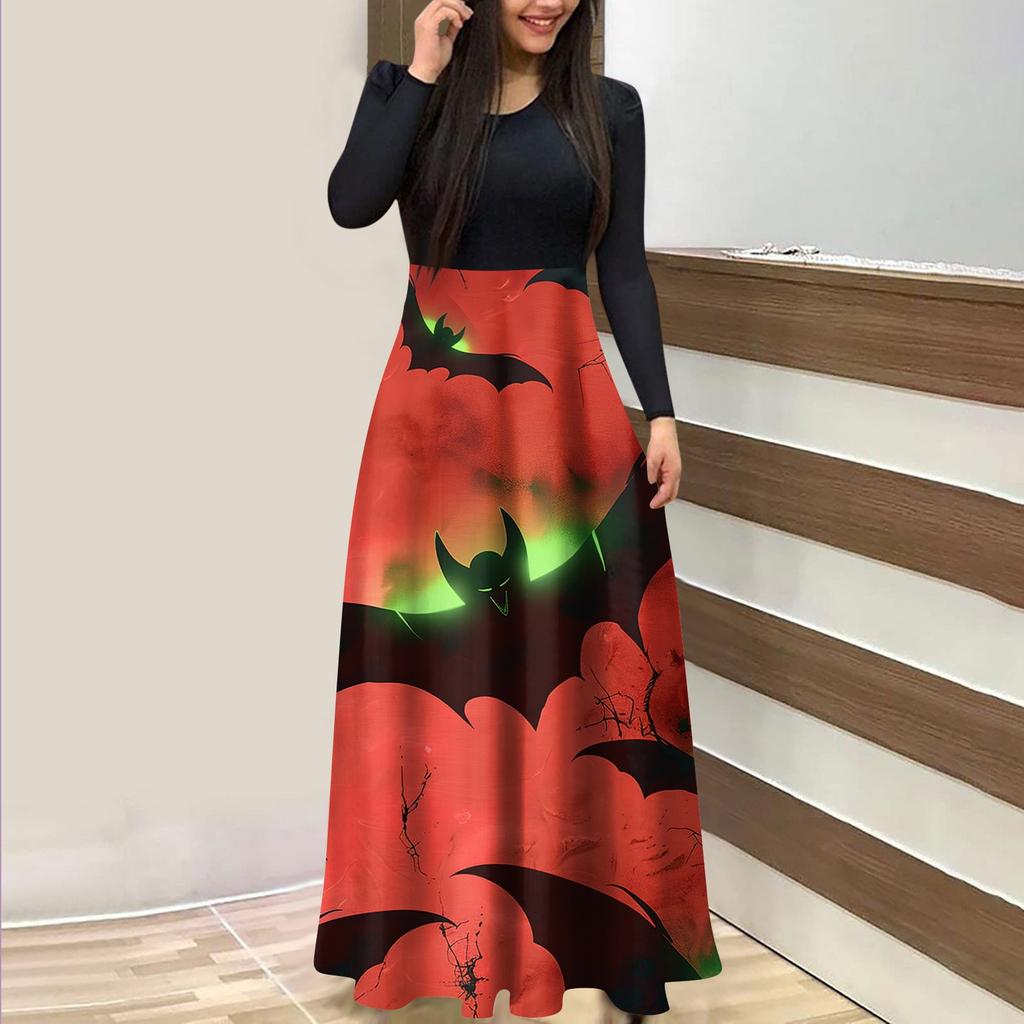 Женское модное повседневное платье макси с круглым вырезом и длинными рукавами