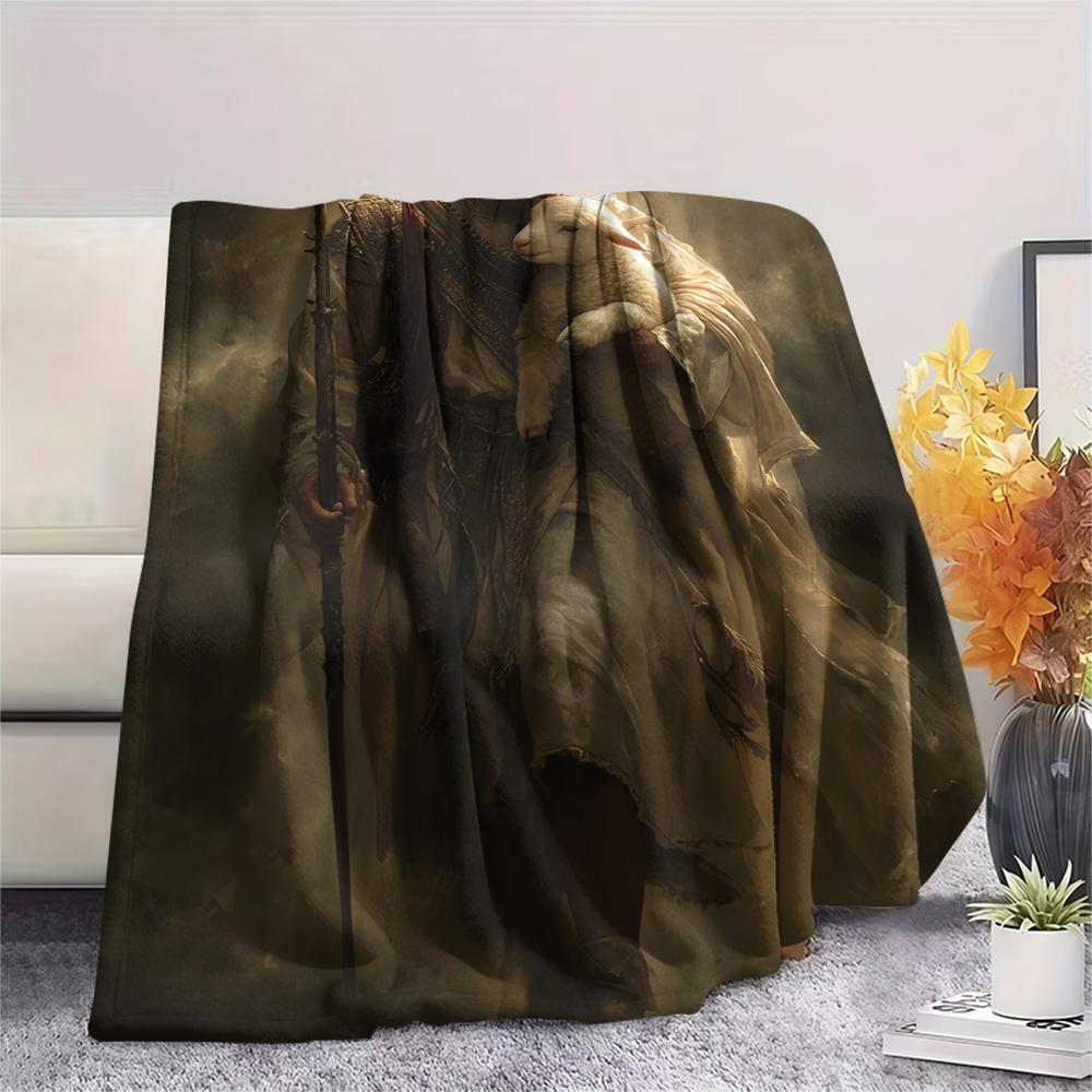 1Pc God Print Flannel Blanket, High quality Comfortable for All Seasons, Home Decor, Warmth and Comfort, Perfect for Christmas Gifts