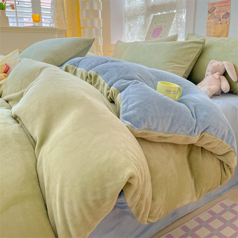 Thickened Milk Fleece Four-Piece Set, Solid Color Coral Fleece Bed Sheet Quilt Cover, Fleece Bedding Three-Piece Set