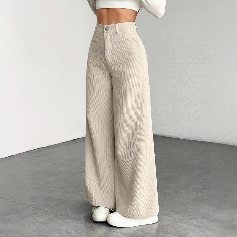 Womens High-Waisted Corduroy Wide Leg Pants Straight Long Trousers Work Casual