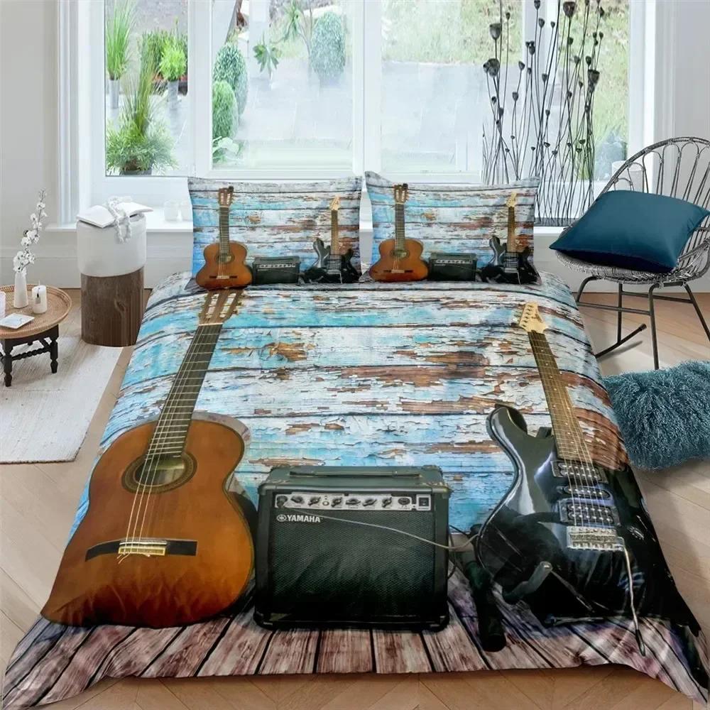 New 3d Music Guitar Bedding Set King Queen Heavy Metal Punk Rock Duvet Cover for Teen Boy Musical Note Polyester Comforter Cover