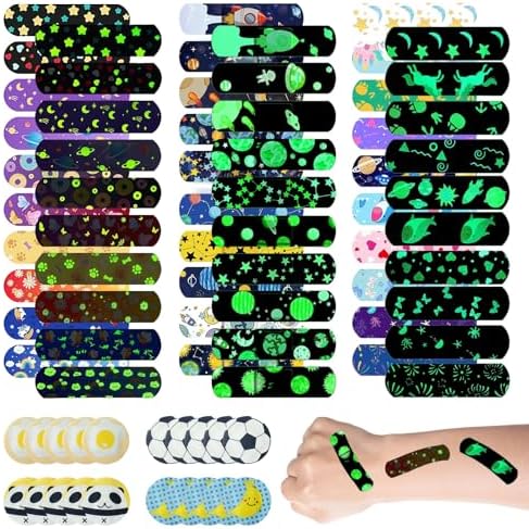 60 Pcs Glow in The Dark Kids Bandages with 20 Round Children Bandages, Bulk Cute Cartoon Patterns Fluorescent Effect 72x19mm