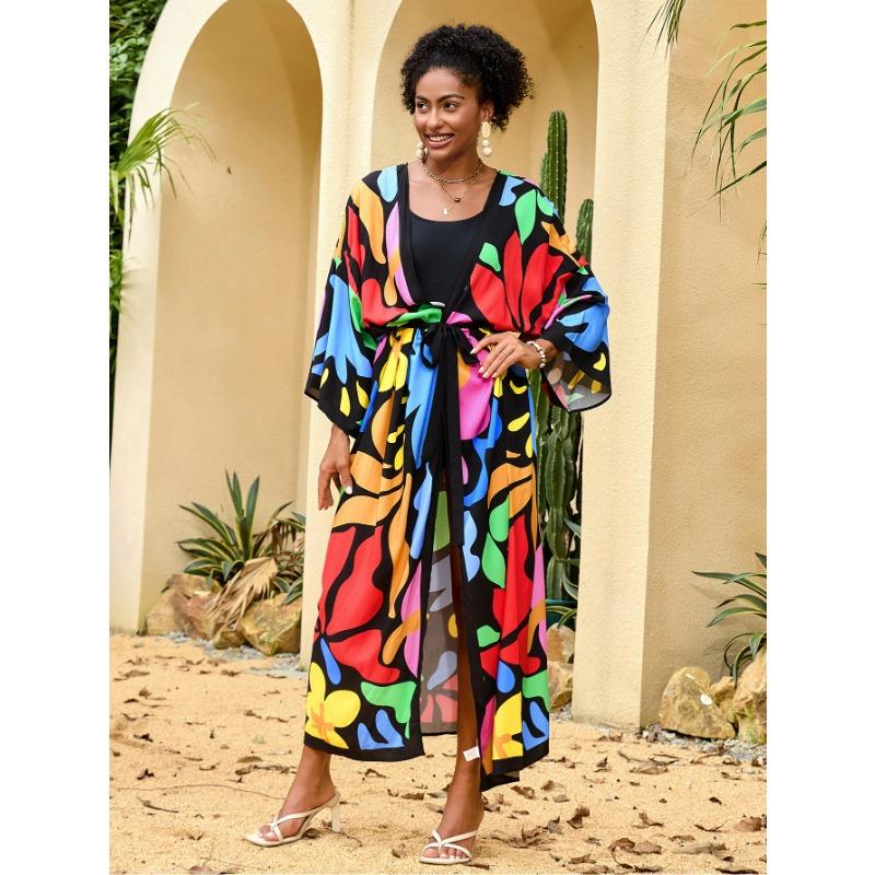 Plus Size Women's Print Beach Holiday Long Cardigan Bikini with Swimsuit Cover Up