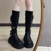2024 Обувь для женщин Боковая молния Женские ботинки Зимние Круглый носок Однотонные Высокий голенище Платформа Массивный каблук Рыцарские ботинки