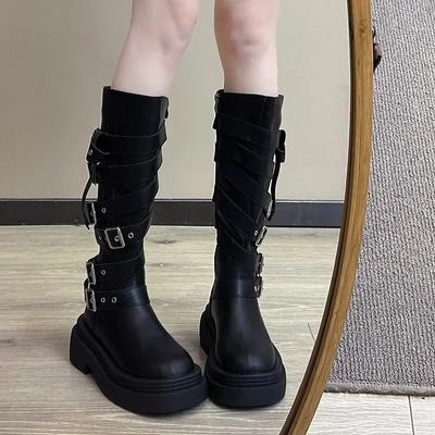 2024 Обувь для женщин Боковая молния Женские ботинки Зимние Круглый носок Однотонные Высокий голенище Платформа Массивный каблук Рыцарские ботинки