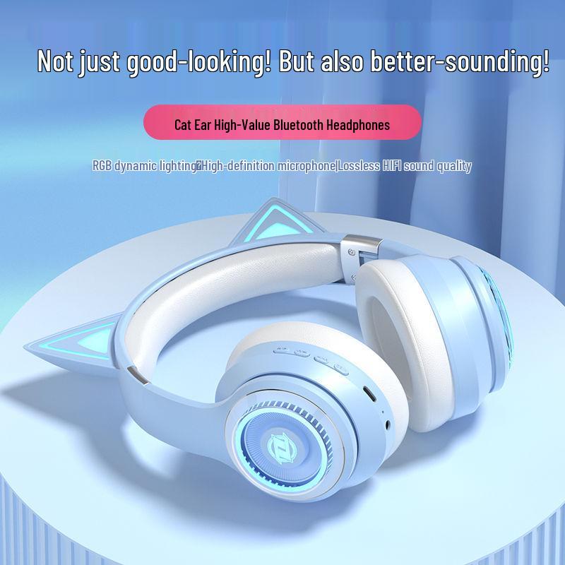 Светящиеся беспроводные Bluetooth накладные наушники с кошачьими ушками 2025 - Игровые и спортивные, Тяжелый бас, Совместимы с мобильными устройствами и ПК