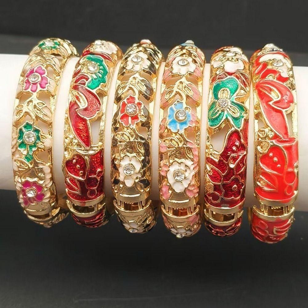 Traditional Peony Filigree Flower Bangle Enamel Women's Hand Bracelet Gifts for Women Girl