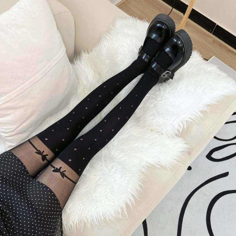 Women Jacquard Pattern Patchwork Mock Suspender Tights Sexy Faux Thigh High Socks JK Girls Black Pantyhose Stockings