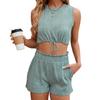 Summer Solid Colour Round Neck Vest Tank Top Drawstring Pocket Shorts Set for Women