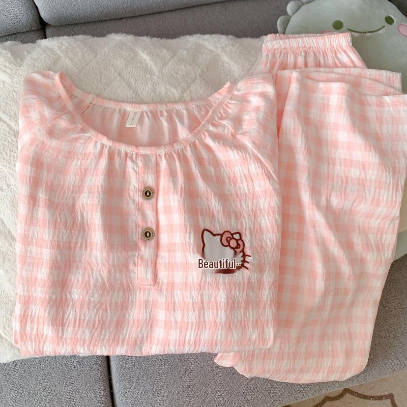 Женский набор пижамы с мультяшным принтом из облачного хлопка – с длинным рукавом, круглым вырезом, больших размеров, для ношения на улице