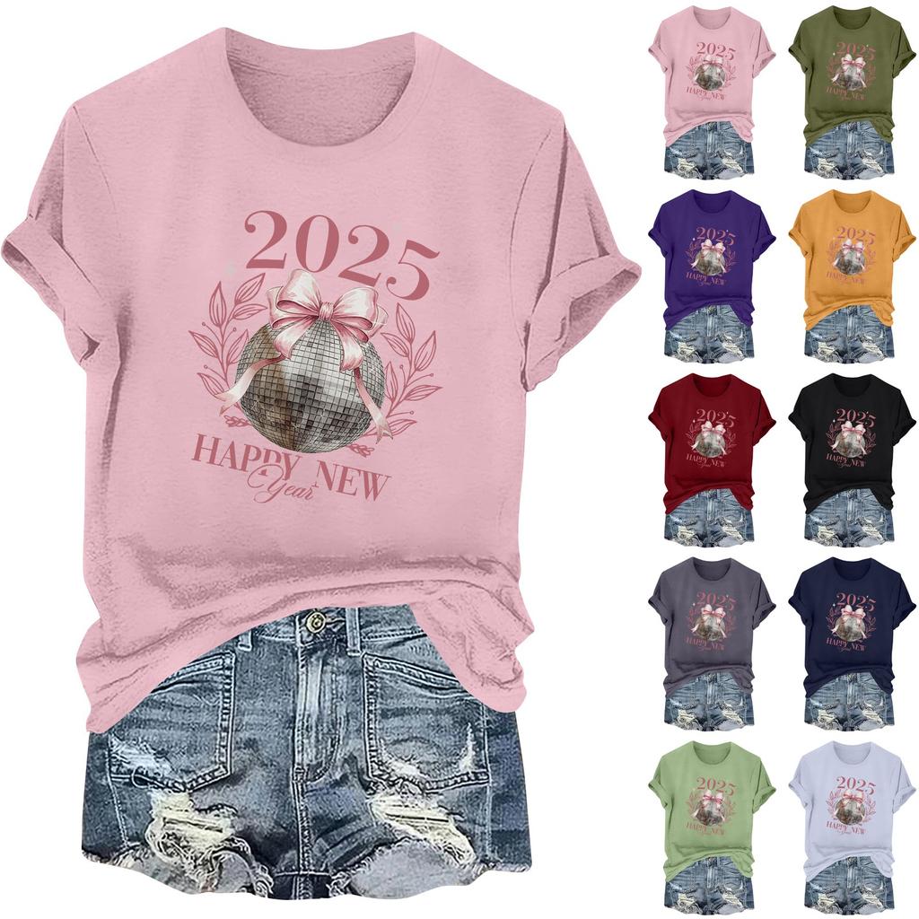 Ladies Casual 2025 New Year Printed Round Neck Short Sleeve T-Shirt Top