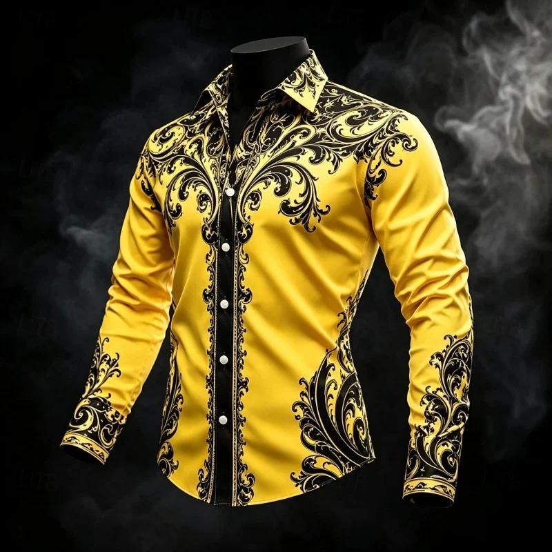 Men's Shirt with Contrasting Baroque Pattern Long-Sleeved Shirt, Slim Fit Lapel Shirt, Casual and Comfortable Men's Clothing