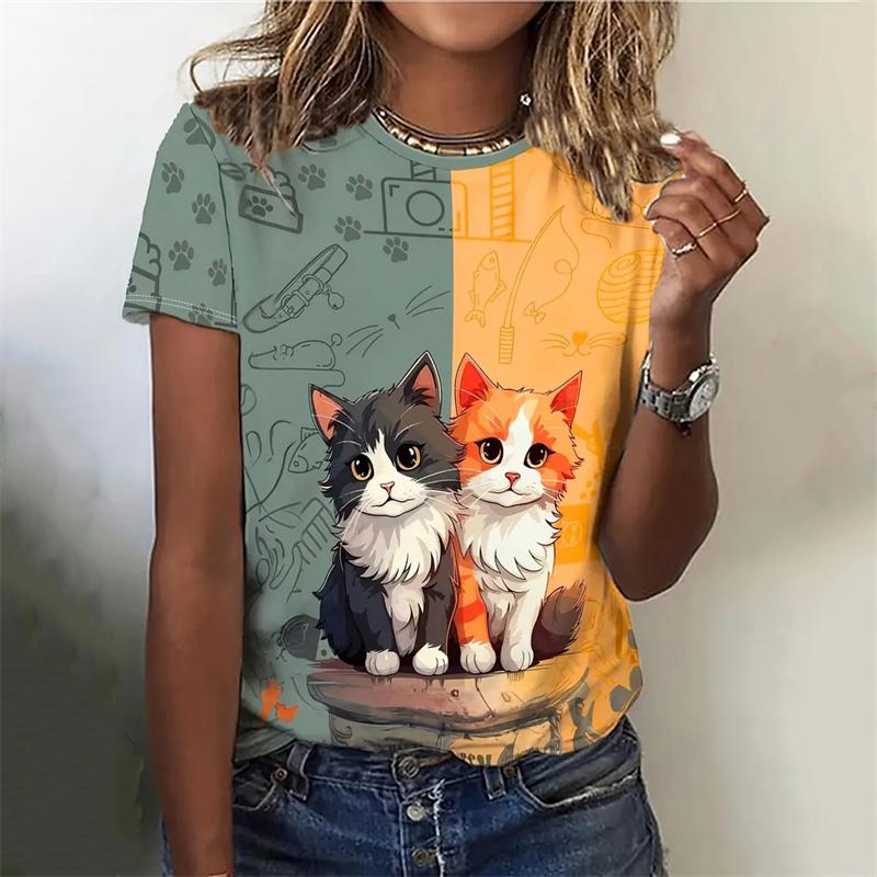 Летний топ с круглым вырезом и принтом 3D Cat, модные повседневные женские футболки с короткими рукавами