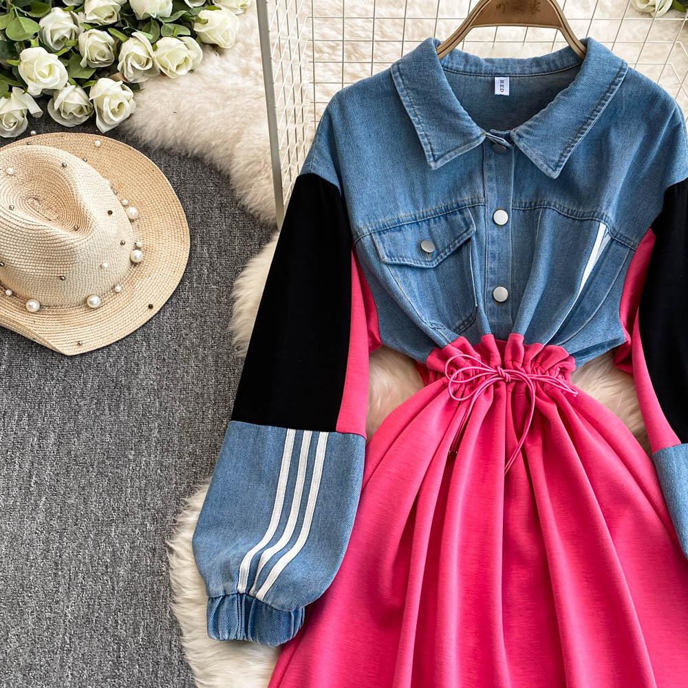 Новое контрастное джинсовое платье в стиле пэчворк с лацканами, женское дизайнерское платье Sense с завязками на талии, утягивающее длинное платье