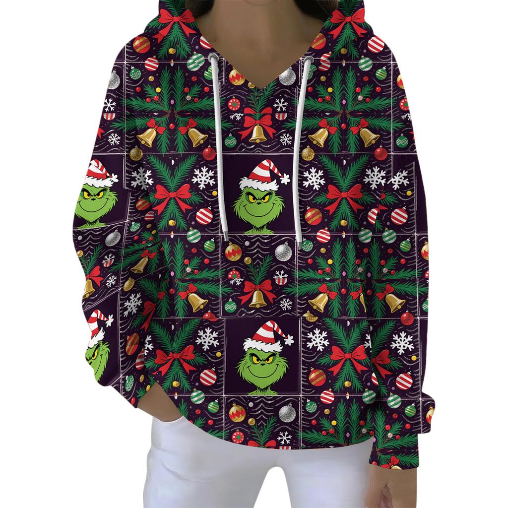 Ladies' Loose And Comfortable Drawstring V-neck Long Sleeved Christmas Printed Sweatshirt