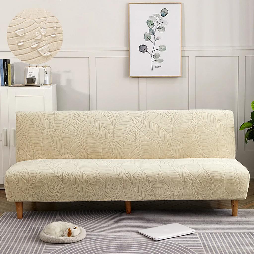 1Pc Large Size Water Resistant Leaf Texture Jacquard Stretch Armless Sofa Bed Cover Spandex Non Slip Soft Couch Slipcover