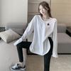 White Plush Base Shirt for Women with Autumn and Winter Fashionable Loose Slit Cotton Long-sleeved T-shirt for Women Mid-length Top