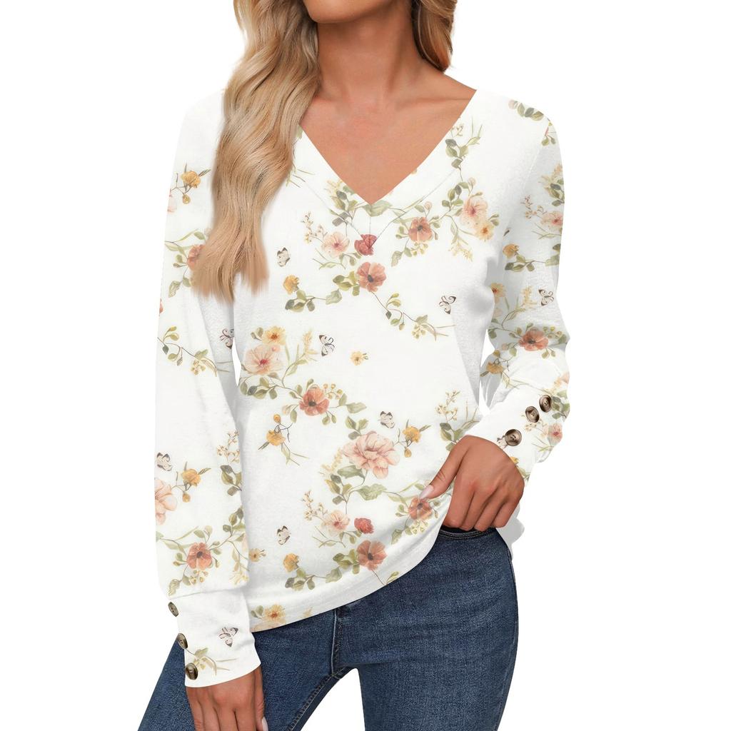 Женские топы с цветочным принтом, рубашка с длинным рукавом и V-образным вырезом, повседневная свободная футболка, осенняя одежда
