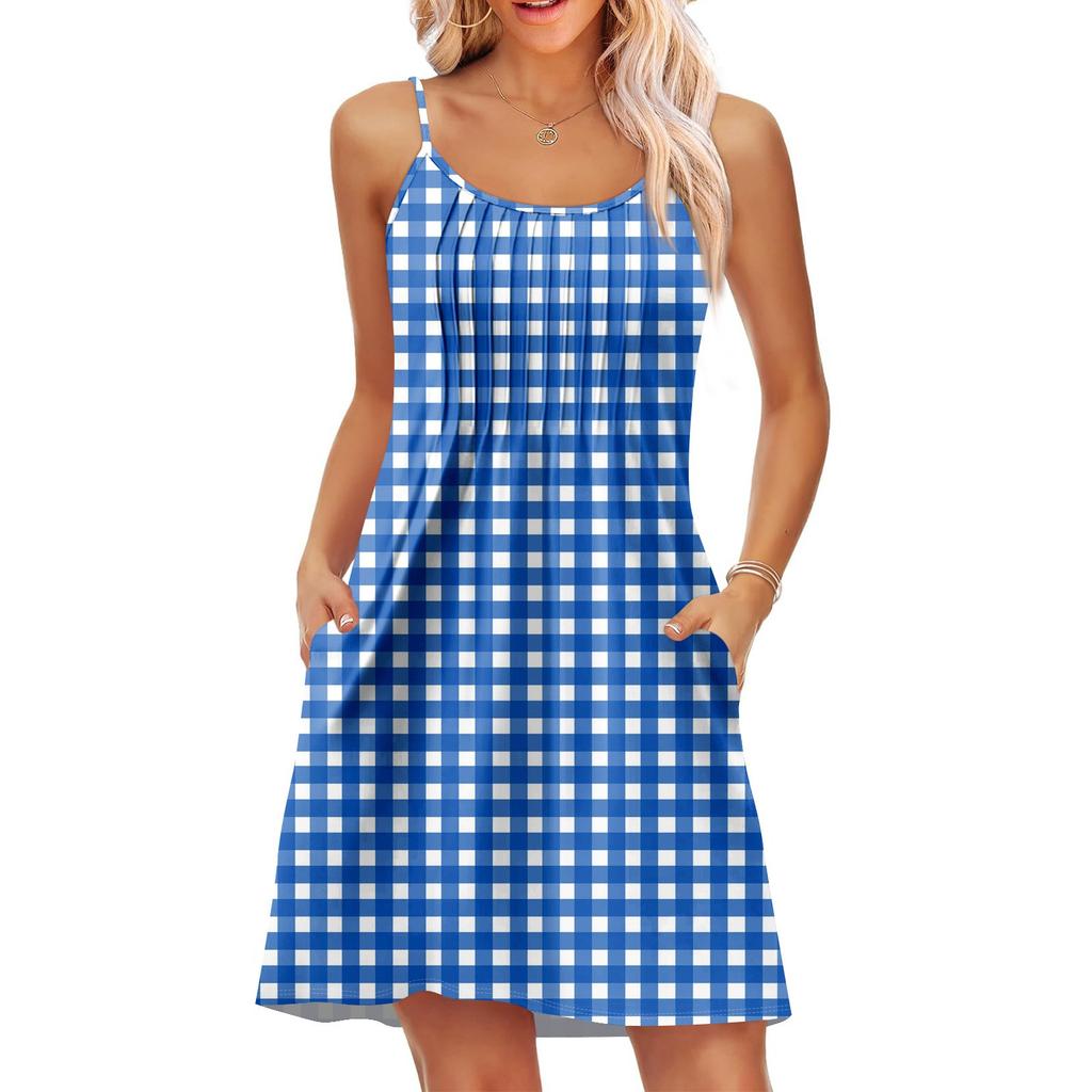 Fashion Women Summer Dress Vintage Floral Print Adjustable Spaghetti Straps Beach Vacation Casual Dress With Pockets